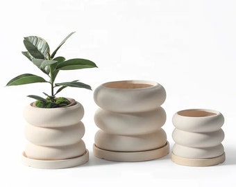 Ivory Bubble Planter with Drainage Hole and Matching Tray - Modern Indoor Plant Pot Set