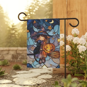 Stained Glass Art Witch Garden Flag, Halloween Yard Decor with Black Cat, Gothic Garden Flag, Witch on Broom Fall Porch Flag, Halloween Flag