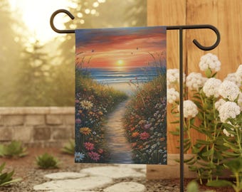 Beach Sunset Garden Flag: Floral Seascape Yard Decor