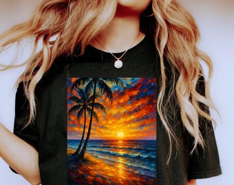 Puede incluir: Una camiseta negra de gran tamaño con un estampado gráfico de puesta de sol colorida y palmeras. El gráfico presenta una escena de playa con una puesta de sol naranja brillante y dos palmeras.
