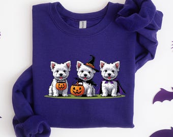 Halloween Westie Shirt, Cute West Highland Terrier Dogs in Costumes, Witch Hat, Pumpkin & Cape  Funny Halloween Dog tee for Dog Lovers