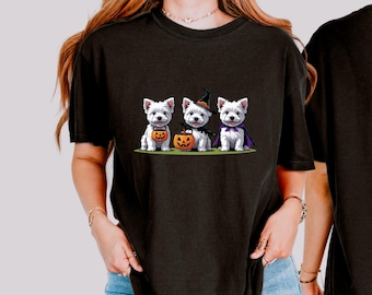 Halloween Westie Shirt, Cute West Highland Terrier Dogs in Costumes, Witch Hat, Pumpkin & Cape  Funny Halloween Dog Tee for Dog Lovers