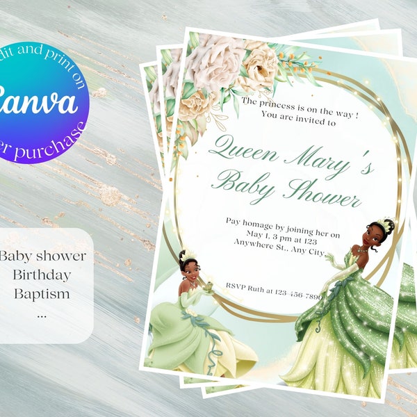 Princess invitation card, birthday, babyshower, black princess, chic, elegant, Tiana princess, greeting card,