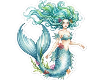 Whimsical Mermaid Sticker - Green / Blue