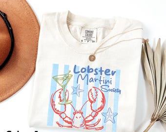 Lobster Martini Society Shirt, Coastal Preppy Summer Tee, Vintage Beach Graphic T-Shirt, Nautical Lobster Cocktail Club Aesthetic