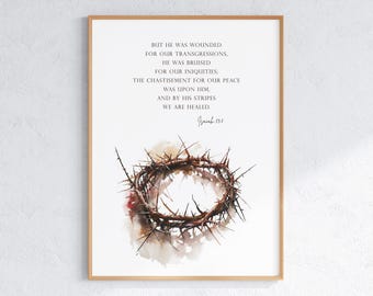 Isaiah 53:5 Printable Wall Art | Christian Digital Download | Crown of Thorns Illustration