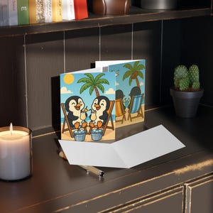 Cartes de voeux pingouin insouciantes - Ambiance de plage mignonne, parfaites pour les célébrations d'été, souhaits d'anniversaire, notes d'amitié, cartes de remerciement