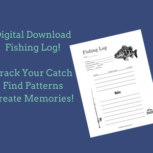 Può includere: Un registro di pesca stampabile con un'illustrazione in bianco e nero di un pesce. Il registro include sezioni per la data, la posizione, il tempo, l'ora, le specie, il peso, la lunghezza e le note. Il testo "Fishing Log" è in cima alla pagina.