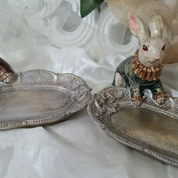 Vintage 2er Set Osterhasen mit Schale Tablett Hase Ostern Shabby Deko Landhaus