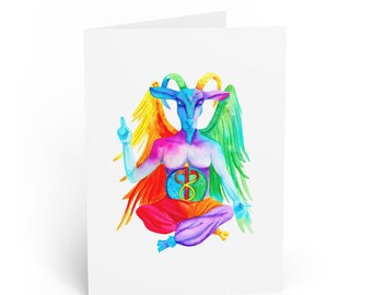 Rainbow Baphomet Secular 6.9" x 4.9" Portrait Greeting Card, Blank on the inside for your personal message.