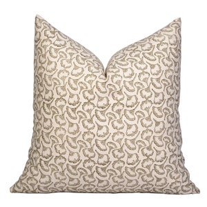 Olive Green Block Print Pillow, Floral Hand Blocked Throw Pillow Cover, Decorative Pillow, Neutral Throw Pillow, Throw Pillows for Couch