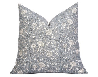 Cotton Hand Block Print Pillow, Muted blue-gray and Cream Floral Print Cushion Cover, Patterned Block Print Throw Pillow, Boho Pillow