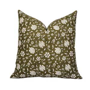 Olive Green Floral Block Print Pillow Cover, Decorative Cotton Cushion Cover, Multiple Sizes Available - 12x20, 16x16, 18x18, 20x20, 22x22