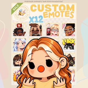 Może przedstawiać: Cyfrowy arkusz wyświetlający dwanaście niestandardowych emotikon w układzie siatki. Tekst brzmi CUSTOM EMOTES X12 oraz PURCHASE SUPPORTS ONE HIVE FOUNDATION. Emotikony przedstawiają różne postacie z kreskówek o zróżnicowanej mimice twarzy.