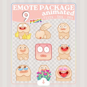 Könnte beinhalten: Ein digitales Kunstpaket mit neun animierten Pride-Emotes. Die Emotes zeigen Cartoonfiguren mit verschiedenen Ausdrücken, darunter Daumen hoch, Erröten und Herzen. Der Text "EMOTE PACKAGE" und "PRIDE" ist sichtbar.
