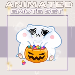 May include: Animated Halloween emote set featuring a white ghost holding a jack-o'-lantern filled with candy. The ghost has a cute, cartoonish expression and is wearing a pink bow.
