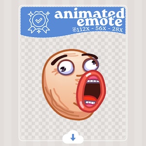 May include: Animated emote graphic featuring a surprised face with wide eyes and an open mouth. The face is light brown with a red mouth and white teeth. The text "animated emote" is above the face, with a badge and size details.