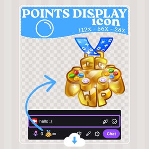 May include: A digital points display icon featuring a gold gaming controller medal with the letters GG and WP, suspended by a blue ribbon with white geometric symbols. Below, a chat interface shows the text hello :) and a small medal icon.