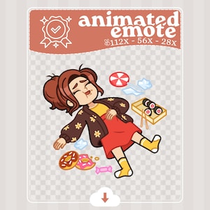 Puede incluir: Gráfico de emote animado con un personaje de dibujos animados con cabello castaño y un vestido rojo, rodeado de alimentos como sushi, donas y dulces. El texto "animated emote" está en la parte superior, con detalles de tamaño debajo. Un icono de descarga está en la parte inferior.