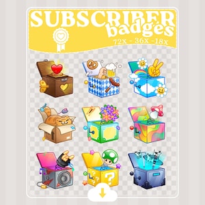 May include: A digital collection of nine colorful jack-in-the-box subscriber badges featuring various icons like hearts, beer, flowers, cats, mushrooms, and musical elements. The header text reads SUBSCRIBER badges 72x - 36x - 18x with a download icon.