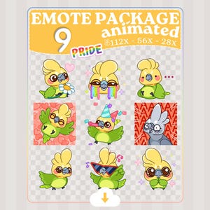 以下が含まれることがあります： 9つのPrideをテーマにしたアニメーション画像を含むEmoteパッケージ。サングラス、パーティーハット、虹色の涙など、さまざまなポーズの漫画のオウムが特徴です。パッケージには「EMOTE PACKAGE animated 9 PRIDE」というテキストがラベル付けされています。
