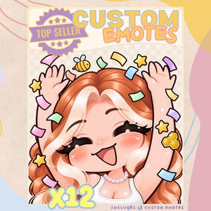 May include: A digital illustration of a character with long auburn hair and white highlights, wearing a white top and pearl necklace. The character has arms raised amidst colorful confetti, a bee, and stars. Text reads CUSTOM EMOTES and X12.
