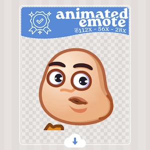 May include: An animated emote with a light skin tone, large eyes, and a quizzical expression. The image includes the text "animated emote" and size specifications. A blue banner with a checkmark and stars is at the top.