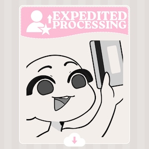 Op de afbeelding: Een cartoon illustratie met de tekst "EXPEDITED PROCESSING" in een roze banner. De afbeelding toont een lachend personage dat een kaart vasthoudt, met een downloadpictogram onderaan. De achtergrond is een lichtroze en wit gestreept patroon.