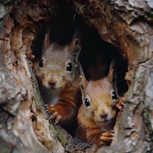May include: Two red squirrels peek out from a tree trunk hole. The squirrels have brown fur and white bellies. They are looking directly at the camera.