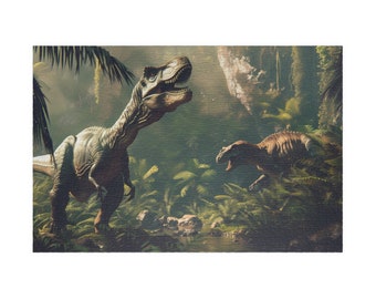 May include: A green and brown jungle scene with two dinosaurs. The larger dinosaur is green and brown with a long tail and is standing on its hind legs. The smaller dinosaur is brown and is running on all fours.