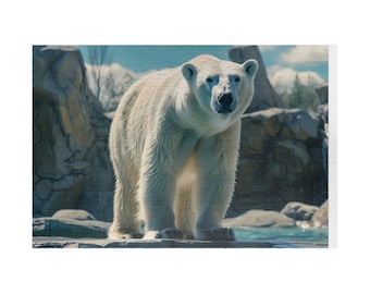 Puede incluir: Un gran oso polar blanco se encuentra de pie sobre una roca frente a un cuerpo de agua azul. El oso está mirando directamente a la cámara.