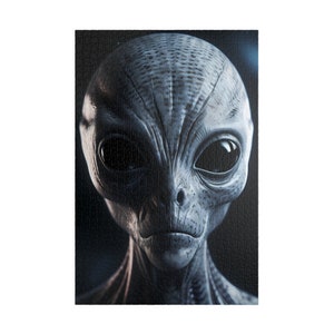 May include: A close-up of a gray alien's face with large black eyes. The alien has a smooth, gray skin and a small, pointed nose.
