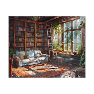 Könnte beinhalten: Ein gemütliches Wohnzimmer mit einem großen Bücherregal voller Bücher, einem weißen Sofa, einem Teppich und einem Fenster mit Blick auf einen üppigen grünen Garten.