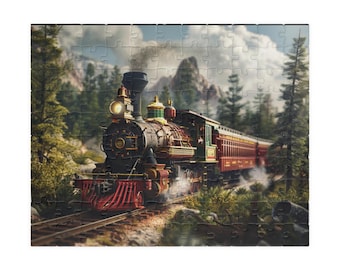 May include: A vintage steam locomotive train with red and gold accents travels through a lush green forest. The train is pulling several passenger cars. The train is surrounded by tall trees and mountains in the background.