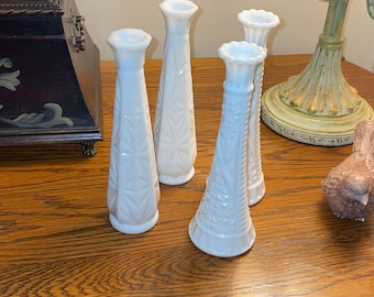 Set of 4 White Milk Glass Bud Vases