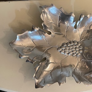 Vintage Silver Pewter Grape Leaf Dish Tray