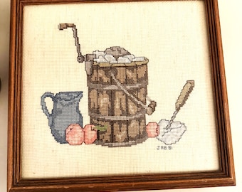 Cross stitch art “Bucket and fruit”