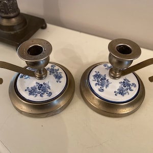 Vintage Porcelain and Nickel Candlesticks Set of Two