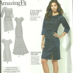 May include: Simplicity sewing pattern number 1249 AA for a two-piece dress with a raglan sleeve. The pattern includes sizes US 10-18, Euro 36-44, and French 38-46. The pattern features a princess seam and separate patterns for cup sizes B, C, D, and DD.