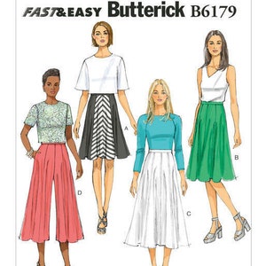 May include: A sewing pattern for four different skirts. The pattern is called "Fast & Easy Butterick B6179". The skirts are shown in black and white, green, white, and pink.