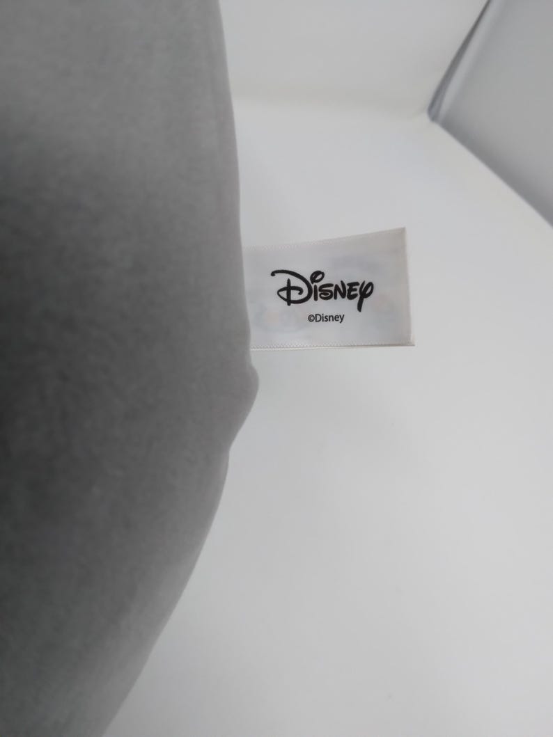 May include: A white rectangular tag with the Disney logo in black script. The tag is against a white background, with a gray object partially visible on the left side.