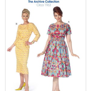 May include: Two women's dresses from McCall's The Archive Collection, circa 1963. The dress on the left is yellow with a floral pattern and the dress on the right is a multi-colored floral print.