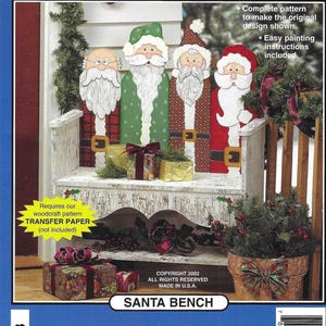 May include: A full-size woodcraft pattern for a Santa bench. The image shows a colorful bench with four Santa figures, each with a unique design. The bench is 31 inches wide and includes easy painting instructions.