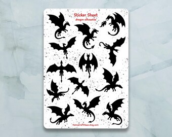 Dragon Silhouette Sticker Sheet, Waterproof Black Vinyl Fantasy Stickers for Journal, Planner, Scrapbook and Book Lovers