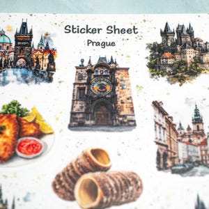 May include: A sticker sheet featuring watercolor illustrations of Prague landmarks and food. The sheet includes images of a castle, the Astronomical Clock, and Trdeln&iacute;k pastries. The text "Sticker Sheet Prague" is printed at the top.