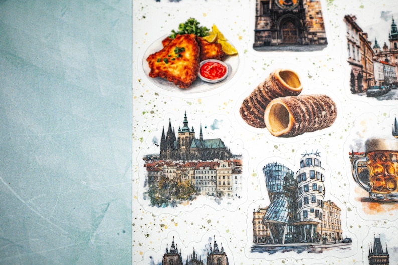 May include: A sheet of stickers featuring watercolor illustrations of Czech Republic landmarks and cuisine. Includes images of fried food, trdeln&iacute;k pastries, buildings, and beer. The stickers have a white background with green and yellow paint splatters.