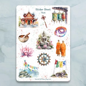 Feuille d'autocollants Tibet - Lot de 11 autocollants pour journal, agenda, scrapbooking et plus