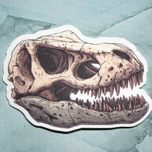 May include: A sticker of a Tyrannosaurus Rex skull with detailed teeth and bone structure. The skull is beige with red teeth and is set against a light blue background.