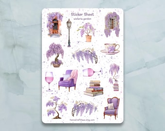 Wisteria Garden Sticker Sheet - Set of 15 Stickers for Journal, Planner, Scrapbooking and more