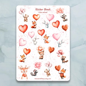 Cute Valentine's Animals Sticker Sheet - Set of 19 Stickers for Journal, Planner, Scrapbooking and more